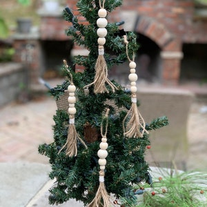 Natural Wood Bead Farmhouse Christmas Ornament Boho Tassel