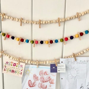 Round, Geometric, or Colorful Wooden Beaded Garland With Clips , Kids Art Display ,  Art Display , Christmas Card Display , Minimalist Decor